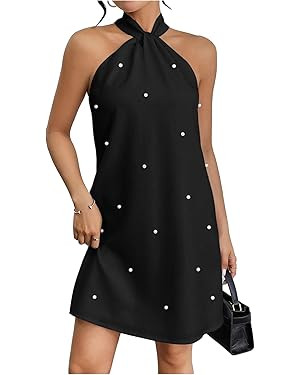 Floerns Women's Pearl Beaded Halter Twist Sleeveless Tie Back Dress A Line Dress | Amazon (US)