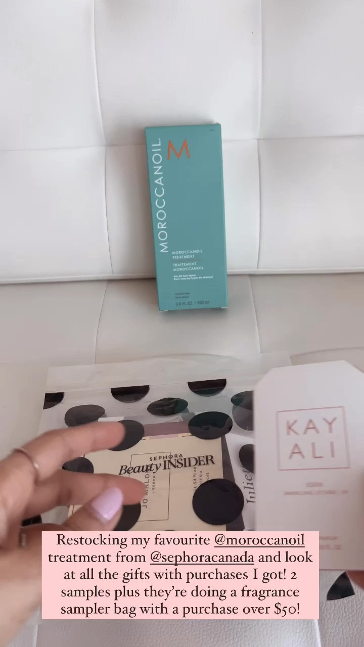 Restocking my favourite @moroccanoil treatment from @sephoracanada and look at all the gifts with purchases I got! 2 samples plus they’re doing a fragrance sampler bag with a purchase over $50!

#LTKbeauty #LTKsalealert #LTKfindsunder100