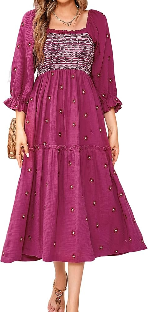 Women's Flower Embroidered Midi Dresses Casual Puff Sleeve Square Neck Backless High Waisted Swin... | Amazon (US)