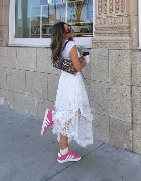 White lace maxi skirt, pink adidas sneakers, leopard print bag 

#LTKFindsUnder50 #LTKSaleAlert #LTKShoeCrush