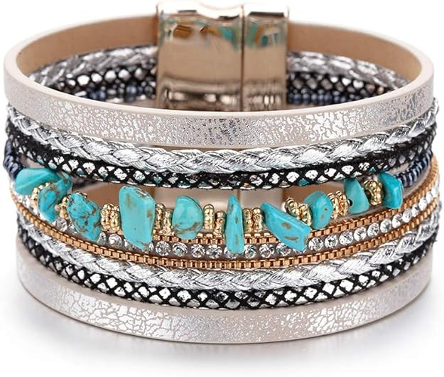 Fesciory Leather Wrap Bracelets for Women, Boho Leopard Multi-Layer Crystal Beads Cuff Bracelet J... | Amazon (US)