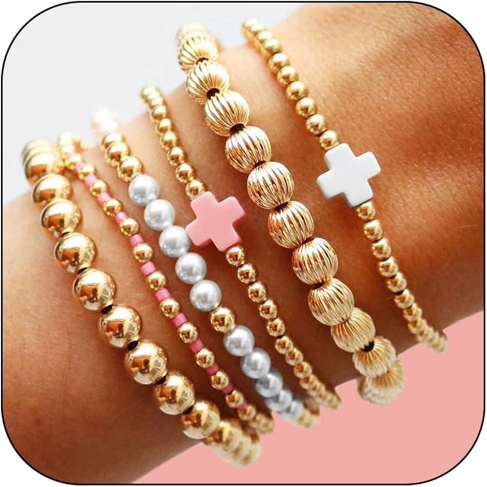 HUASAI Gold Beaded Bracelet Stack for Women Trendy Non Tarnish Chunky Stretch Paperclip Cross Pea... | Amazon (US)