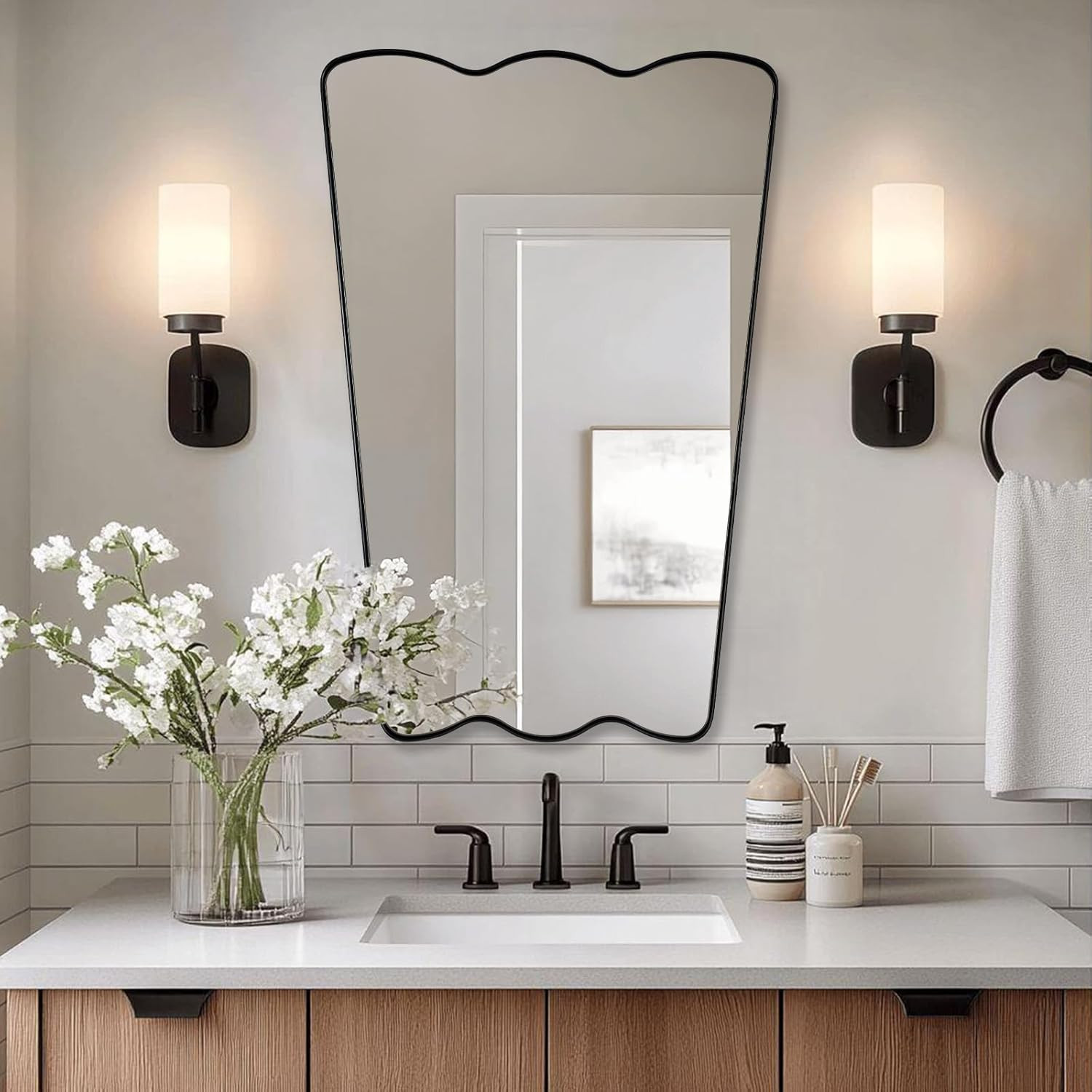 ANDY STAR 24x36 Inch Brushed Gold Scalloped Mirror, Antique Brass Irregular Bathroom Mirror -Butt... | Amazon (US)