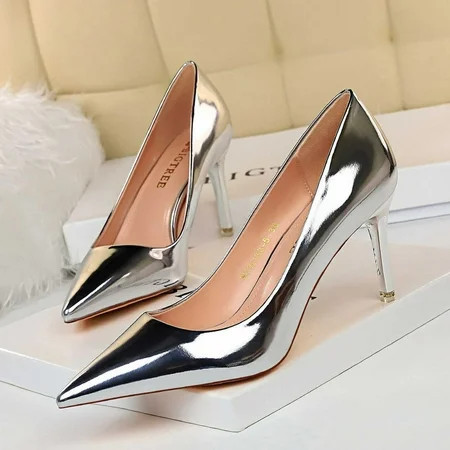 LIANGP Women's High Heels Fashionable Metal Heel High Heels Metallic High Heel Shoes With Pointed Toes Ladies Shoes Silver Size 9.5 | Walmart (US)