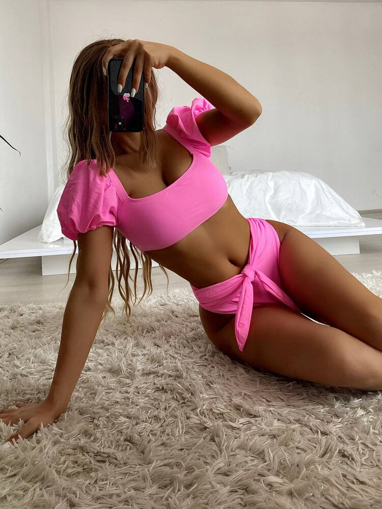 Knot Short Sleeve Bikini Swimsuit | SHEIN