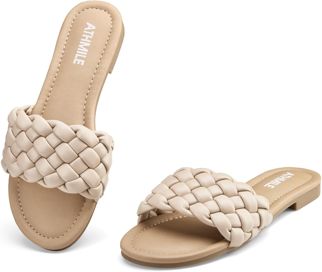 ATHMILE Braided Womens Sandals Round Open Toe Fashion Slide Sandals Women Dressy Summer Flat Beac... | Amazon (US)