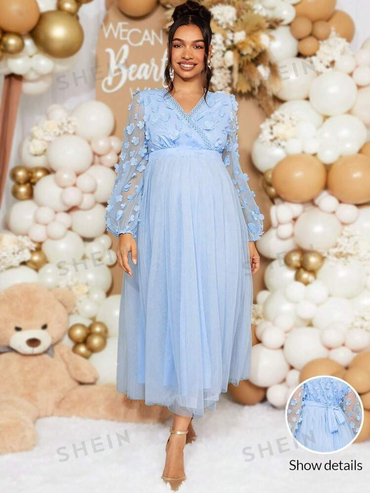 Loomaby Maternity Solid V-Neck Floral Applique Mesh Long Sleeve Elegant Dress,Autumn For Baby Sho... | SHEIN