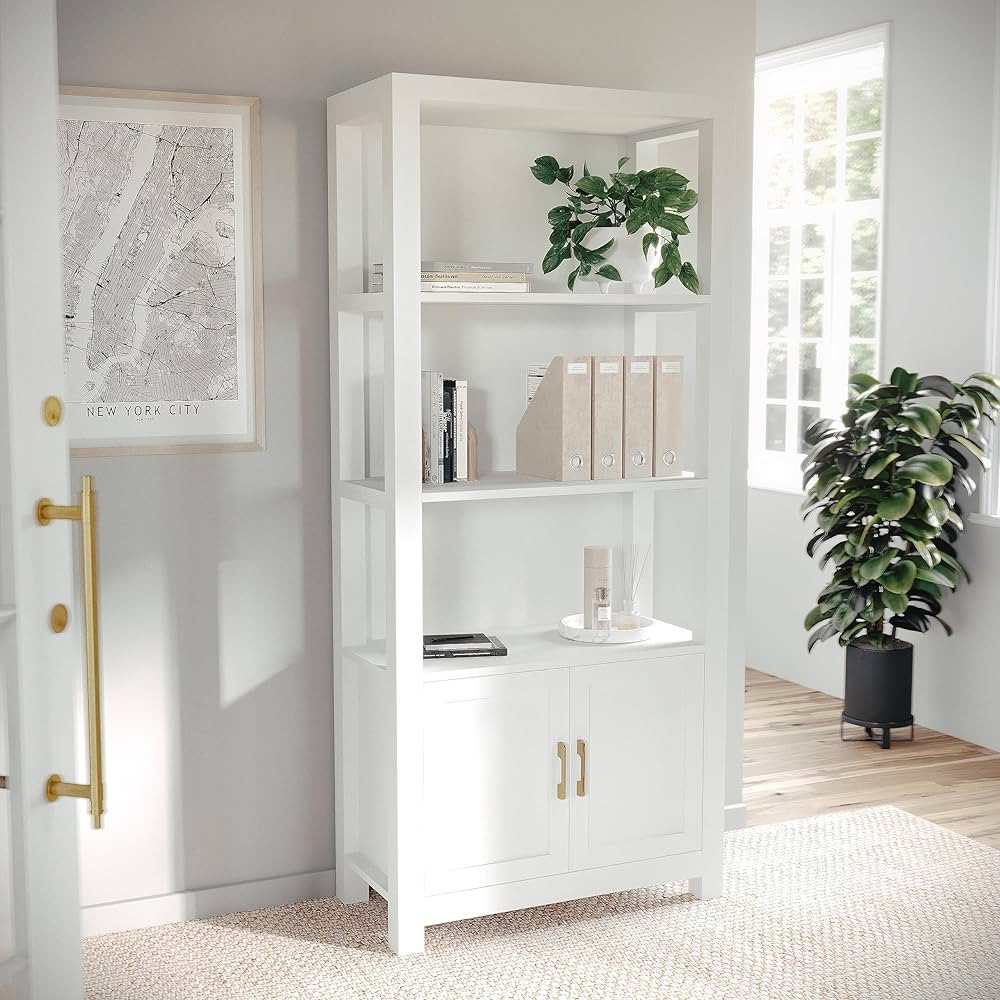 Martha Stewart Hutton Four Tier Shaker Bookcase with Storage Cabinet in White with Polished Brass... | Amazon (US)