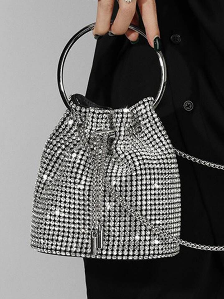 Glitter Bling,Shiny Glamorous,Elegant Cubic Zirconia Rhinestones Drawstring Evening Bag With Chai... | SHEIN