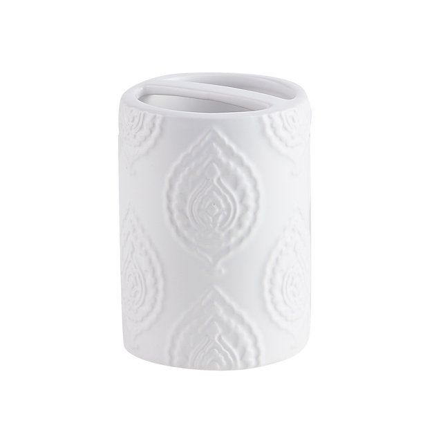My Texas House Channing White Embossed Damask Ceramic Bathroom Tumbler - Walmart.com | Walmart (US)