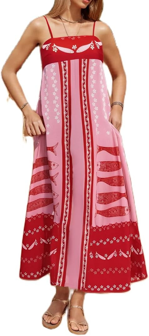 Women Bohemian Graphic Maxi Dress Spaghetti Strap Flowy Cami Dress Floral Tiered Sundress Y2K Sum... | Amazon (US)