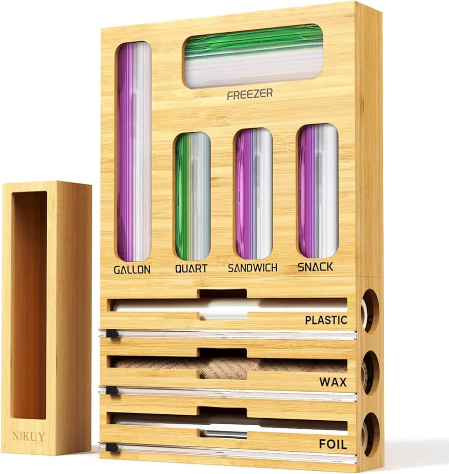 9 IN 1 Bamboo Foil and Plastic Wrap Organizer for Kitchen Drawer, Plastic Bag Organizer Organizat... | Amazon (US)