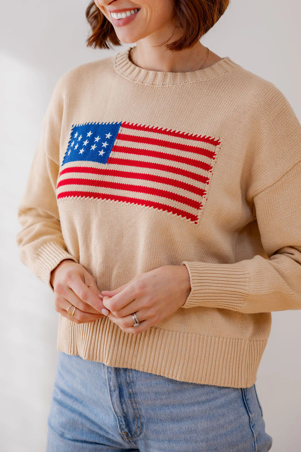 Oatmeal(Beige) Whipstitch American Flag Cotton Crewneck Sweater | Pearls & Camo
