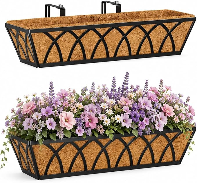Railing Planter Boxes 24 Inch 2 Pack, Heavy Duty Adjustable Hanging Planters with Coco Liners, 2-... | Amazon (US)