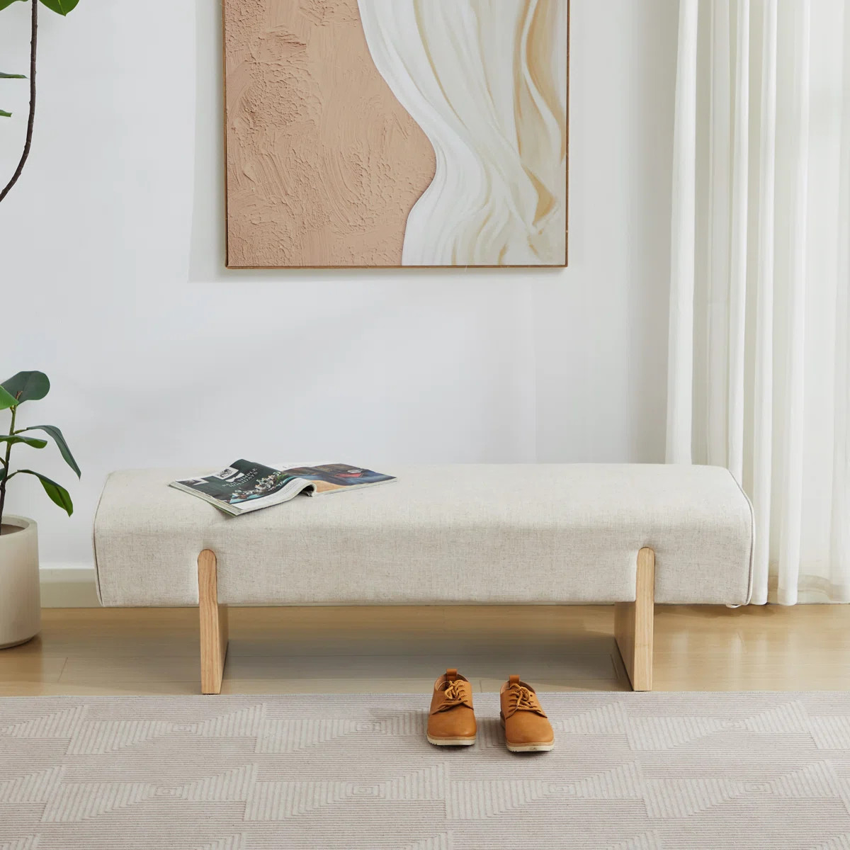 Chamille 55\u2033 Mid-Century Modern Upholstered Bedroom Bench with Solid Wood Legs | Wayfair North America