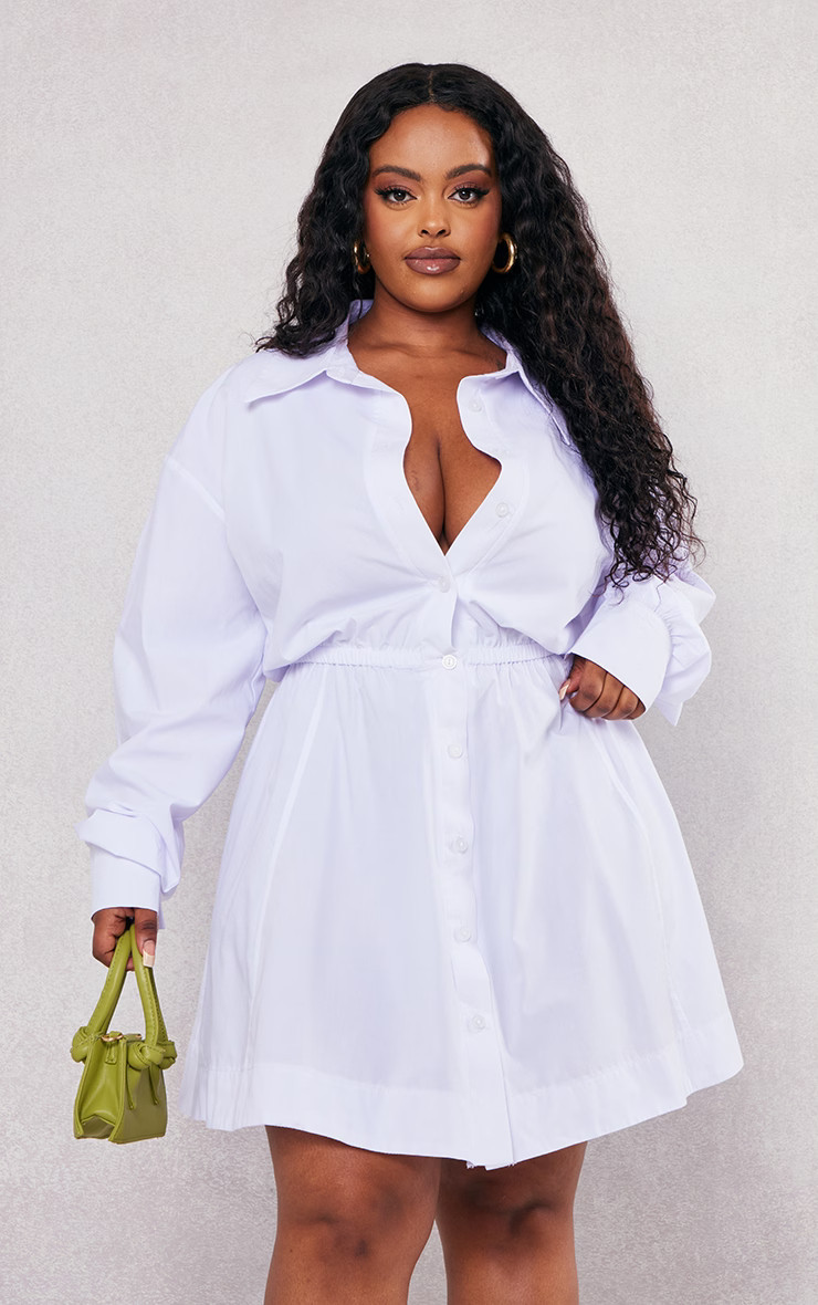 Plus White Ruched Waist Button Up Shirt Dress | PrettyLittleThing US