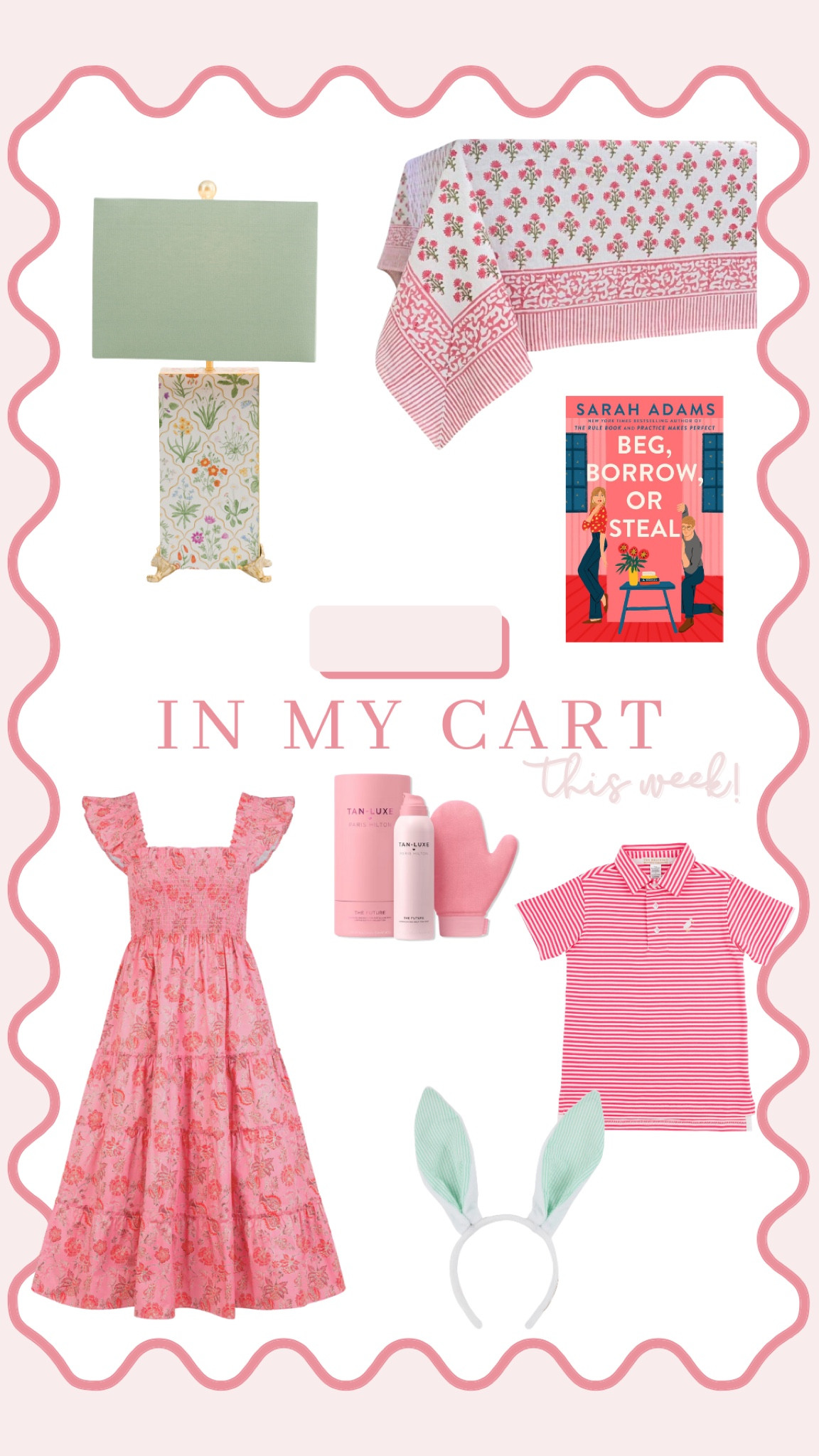 In my cart this week: floral table lamp, block print table cloth, rom com book, hill house nap dress, tanning mist, toddler boys polo, kids rabbit ears 

#LTKHome #LTKKids #LTKFamily