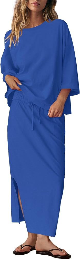 LAMISSCHE Skirt Sets Women 2 Piece Outfits Casual Lounge Set Back Vented Tops and Maxi Dress with... | Amazon (US)