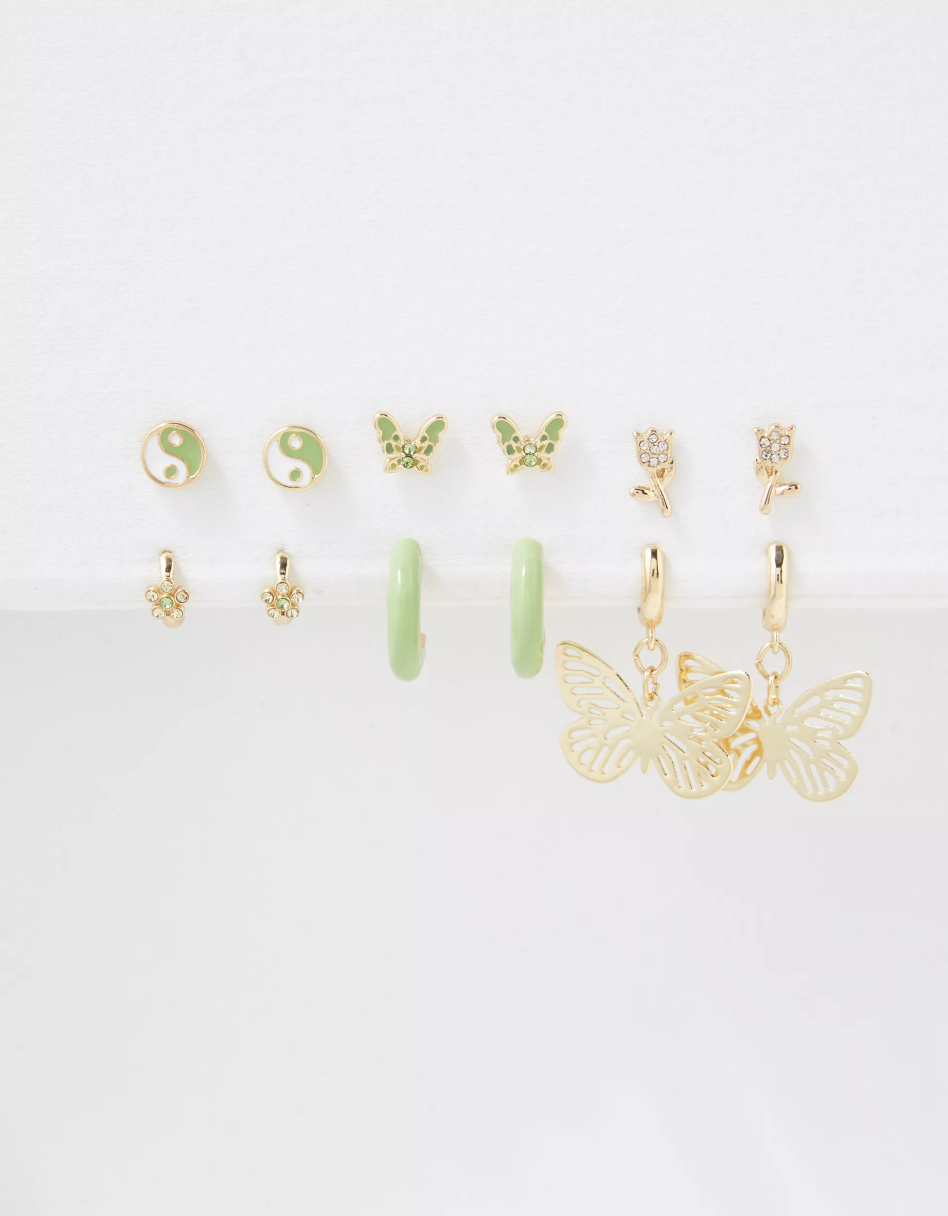 AEO Green Yin Yang Hoop + Stud Earring 6-Pack | American Eagle Outfitters (US & CA)