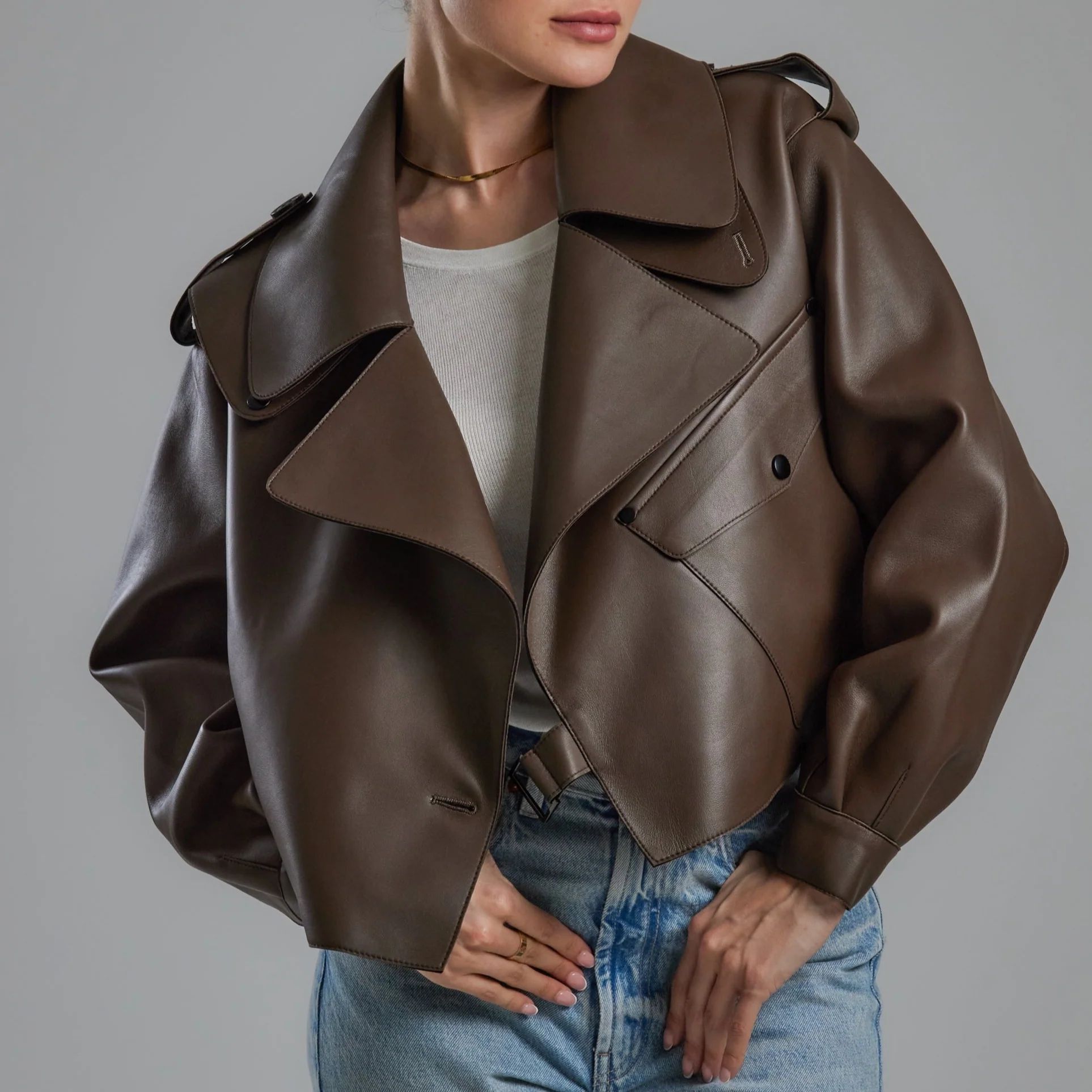 Classic Brown Oversized Leather Jacket | Jane and Tash Bespoke