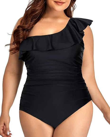 Aqua Eve Plus Size Bathing Suits for Women One Piece Swimsuits One Shoulder Ruffle Tummy Control Swi | Amazon (US)