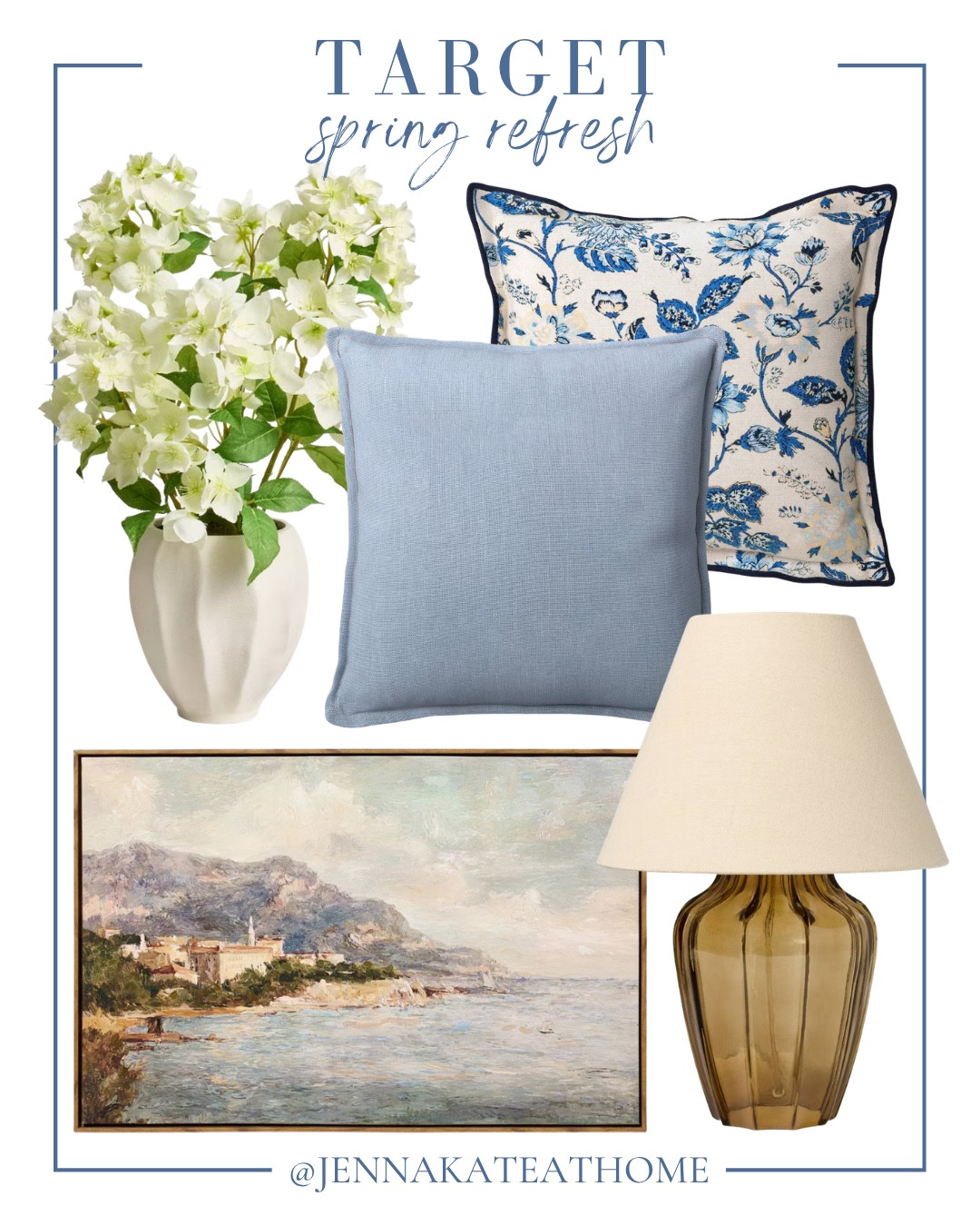 Spring refresh from Target includes wall art, table lamp, throw pillows, and faux floral arrangement.

Home decor, looks for less, coastal home, spring home

#LTKvlog #LTKSeasonal #LTKHome