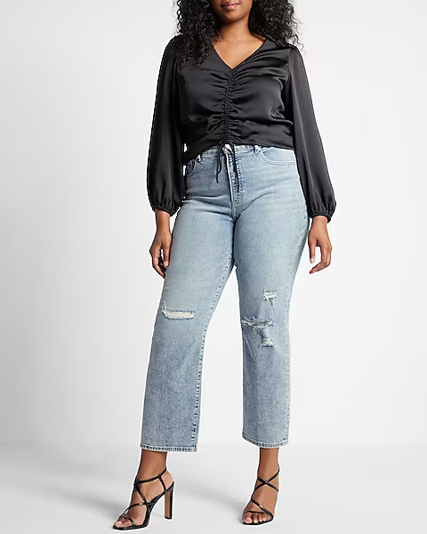 High Waisted Light Wash Ripped Straight Ankle Jeans | Express