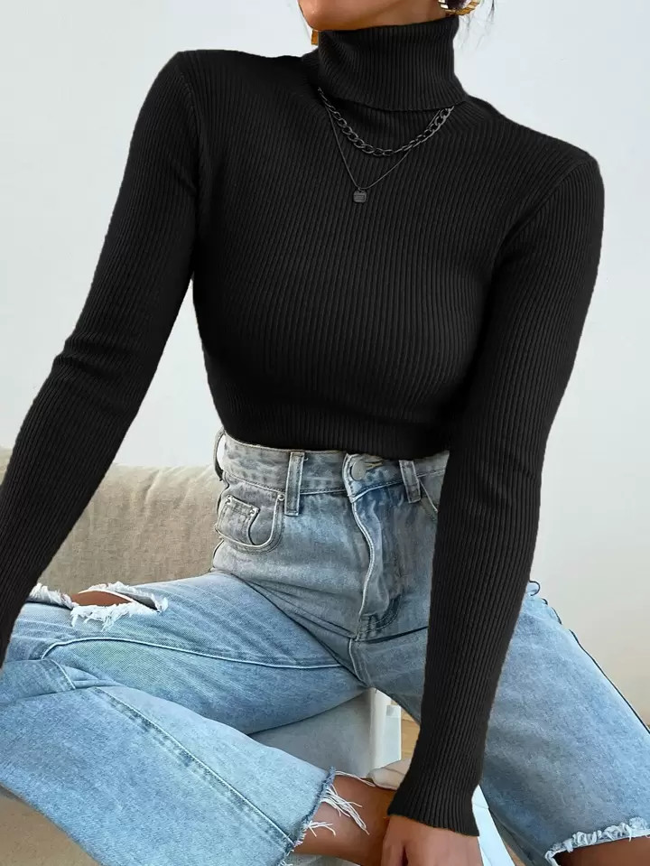SHEIN Mulvari Turtleneck Ribbed Knit Sweater Without Necklace,Long Sleeve Tops | SHEIN