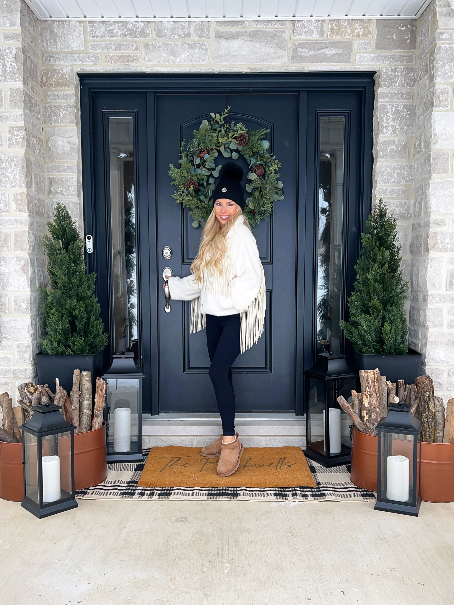 Winter porch. Home refresh. Home decor. Front porch. Front porch decor. Porch lanterns. Doormat. Front porch wreath. Faux plants. Winter decor. January decor  

#LTKhome #LTKstyletip #LTKSeasonal
