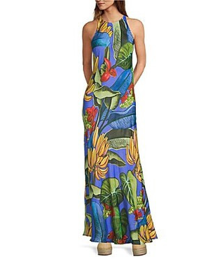 Farm Rio Blue Banana Grapes High Round Neck Sleeveless Maxi Dress - S | Dillard's
