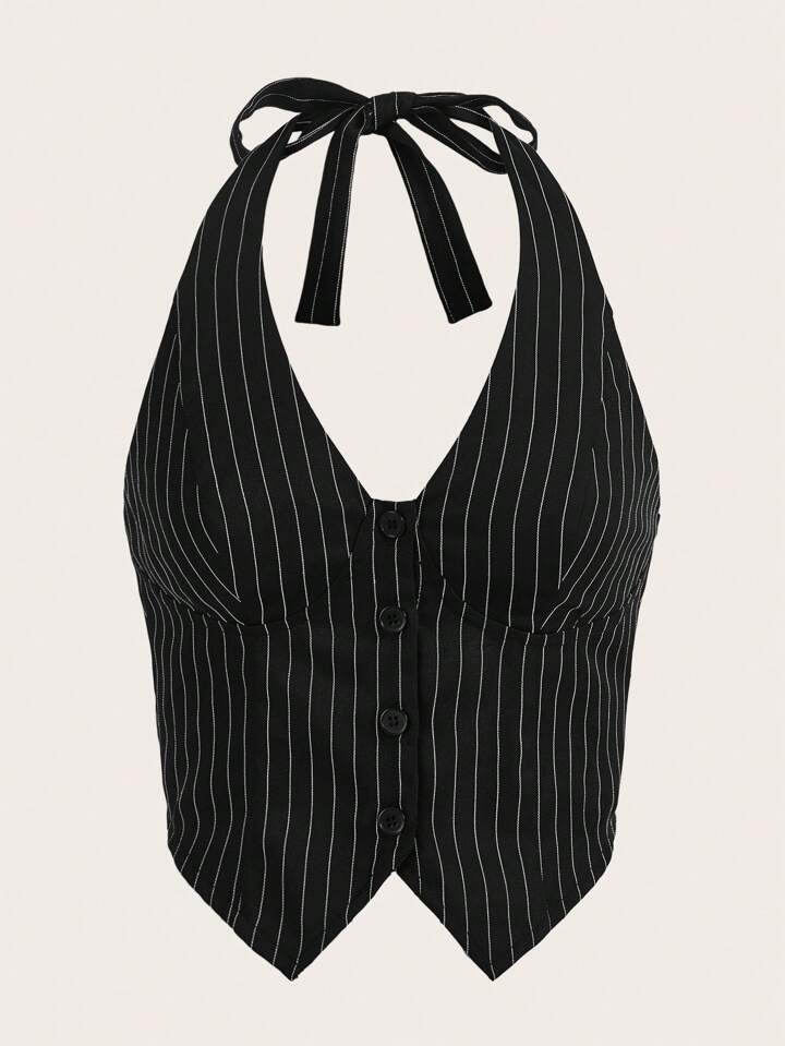 SHEIN EZwear Striped Print Button Front Halter Top | SHEIN
