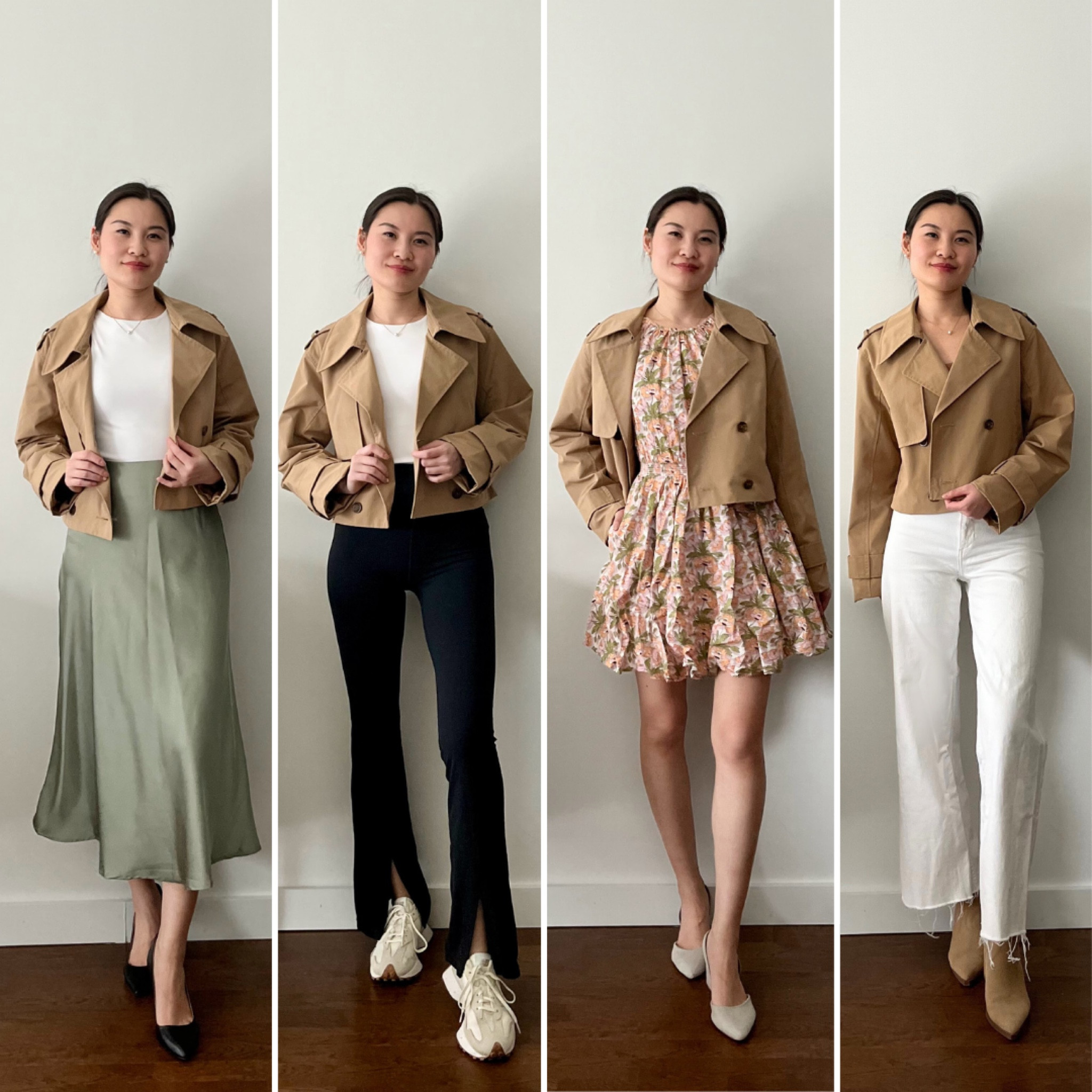 Cropped Trench Coat Outfits for Spring - satin slip skirt, flare leggings, floral dress, white wide leg jeans. 

#LTKSeasonal #LTKfindsunder100 #LTKworkwear