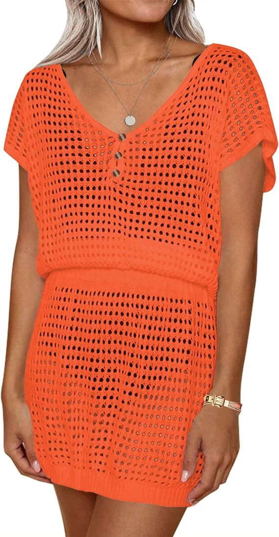 AOLRO Women's Swim Coverups Crochet Hollow Out Short Sleeve V Neck Beach Swimsuit Bathing Suit Co... | Amazon (US)