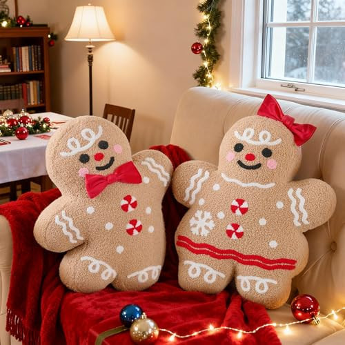 Lanpn Christmas Gingerbread Man Pillows Set of 2, Christmas Decoration Winter Throw Pillows Soft Fleece Sherpa Cute 3D Shaped Ginger Bread Man Girl Boy Throw Cushion for Sofa Bedroom Xmas Decor | Amazon (US)