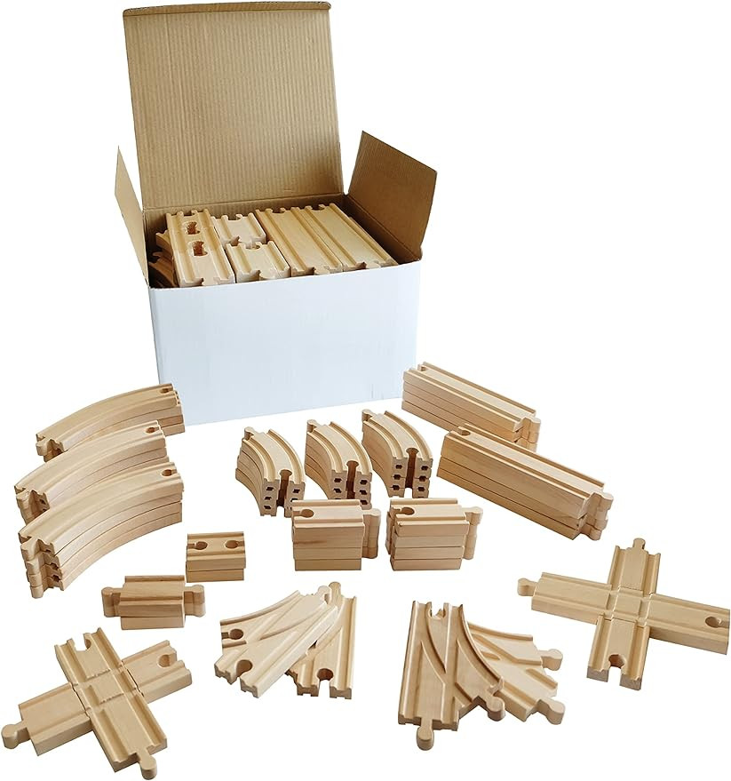 Wooden Train Set - 52-Piece Train Track Collection Compatible w/ Thomas The Train & Other Major R... | Amazon (US)