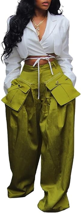 DINGANG Women's Wide Leg Satin Cargo Pants High Waisted Casual Trousers | Amazon (US)