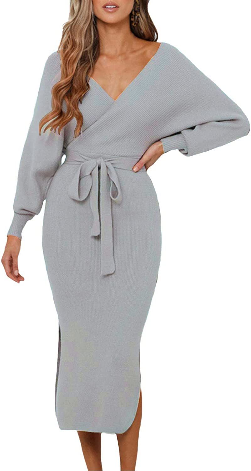 Flybony Womens V-Neck Sweater Dress Long Sleeve Wrap Slit Maxi Dress with Belt | Amazon (US)