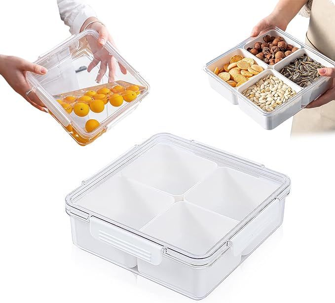 TOKLYUIE Veggie Tray with Lid Food Storage Containers Square Fruit Divided Snack Tray Container w... | Amazon (US)