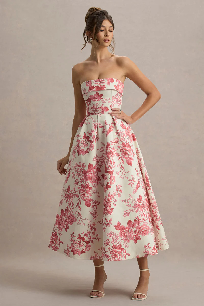 Annalise  Pink Porcelain Print Bandeau Skater Midi Dress | Club L London