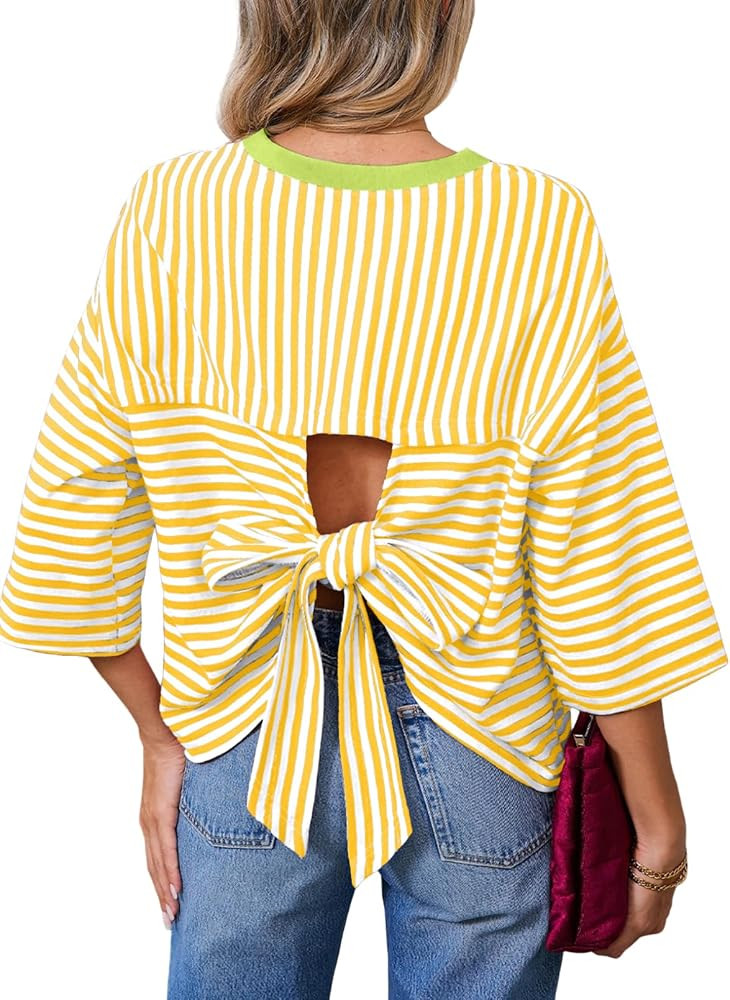 Dokotoo Womens Tops 2026 Striped Tie Back Short Sleeve T Shirts Crewneck Casual Loose Basic Tee S... | Amazon (US)