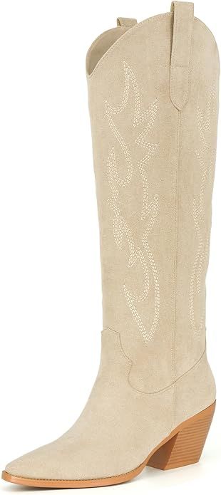 iiimmu Cowgirl Boots Women Knee High Boots Pointed Toe and Block Heel Cowboy Suede Boots with Emb... | Amazon (US)