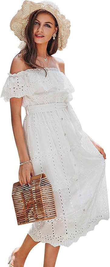 Jessiletto Women's Boho White Beach Dress Embroidery Off Shoulder Ruffle Dress | Amazon (US)