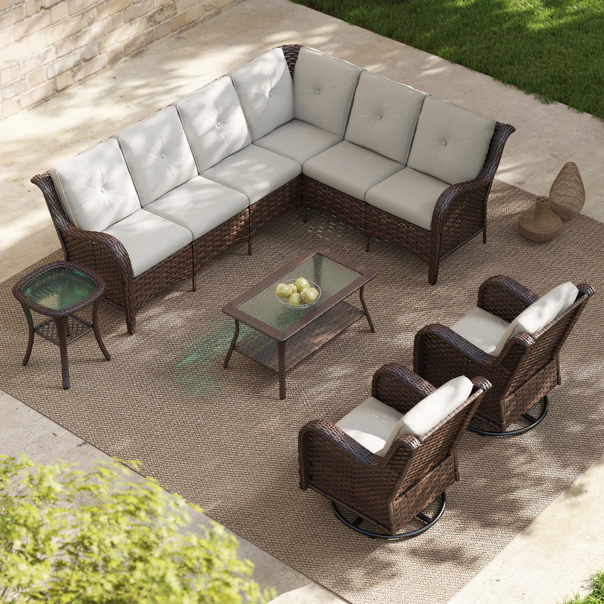 Ansis 8 - Person Rattan Sectional Seating Group with 2 Swivel Chairs & Cushions | Wayfair North America