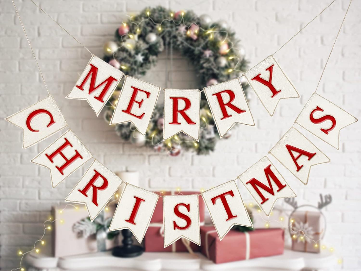 Whaline Christmas Burlap Banner Felt Merry Christmas Banner Pre-Assembled White Red Xmas Bunting Garland Celebration Hanging Decorations for Christmas Party Supplies Home Decoration | Amazon (US)