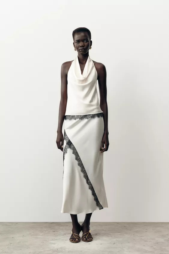 SATIN MIDI SKIRT WITH LACE | Zara UK