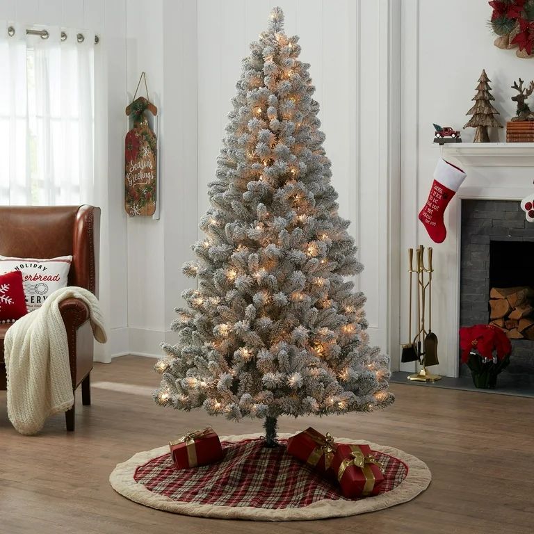 7ft Premium Flocked Pre-Lit Christmas Tree 3-Mode White Lights Decorations Holiday Christmas Tree | Walmart (US)