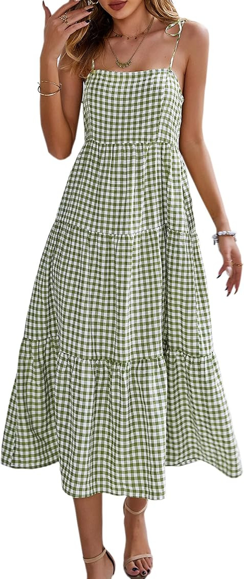 ECOWISH Women Dress Summer Spaghetti Strap Floral High Low Asymmetrical Irregular Hem Casual Plaid L | Amazon (US)