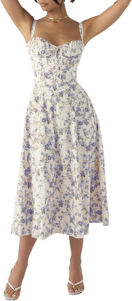 Floral Corset Dress Cottage Core Dress Women Corset Midi Dress Flowy Slit Spaghetti Straps Floral... | Amazon (US)