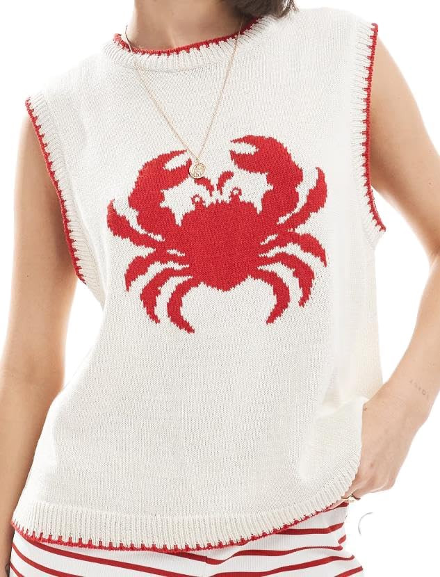 Women Graphic Sweater Vest Y2k Sleeveless Lobster Pullover Top Crew Neck Lightweight Fall Knit Ta... | Amazon (US)