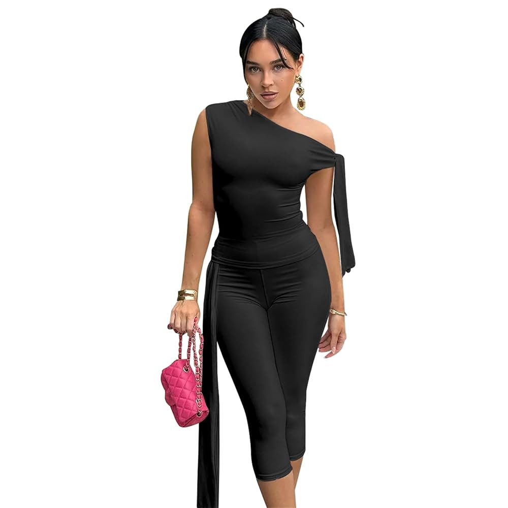 Elainone Capri Sets Women 2 Piece Outfits Sexy One Shoulder Sleeveless Crop Tops Bodycon Pant Set... | Amazon (US)